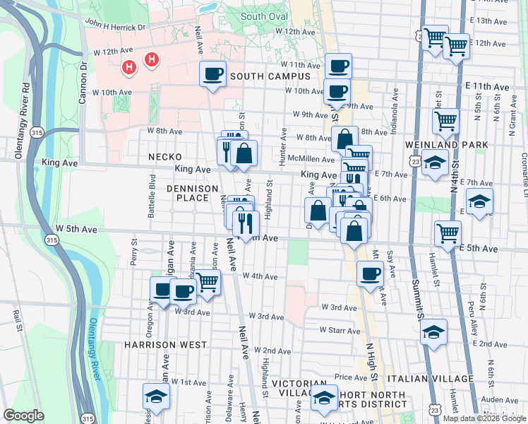 map of restaurants, bars, coffee shops, grocery stores, and more near 1318 Forsythe Avenue in Columbus