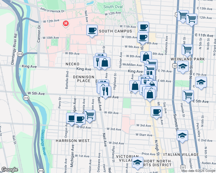 map of restaurants, bars, coffee shops, grocery stores, and more near 1317 1/2 Highland Street in Columbus