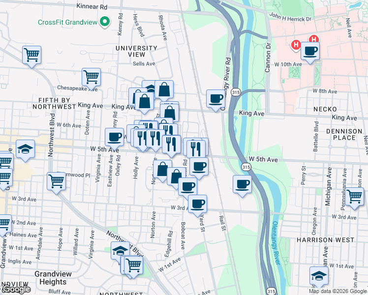 map of restaurants, bars, coffee shops, grocery stores, and more near 850 West 5th Avenue in Columbus