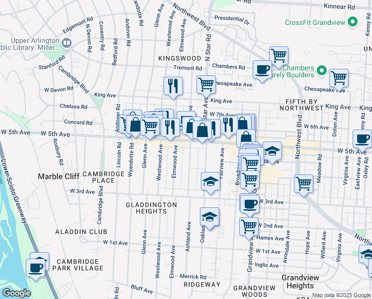 map of restaurants, bars, coffee shops, grocery stores, and more near 1537 Ashland Avenue in Columbus