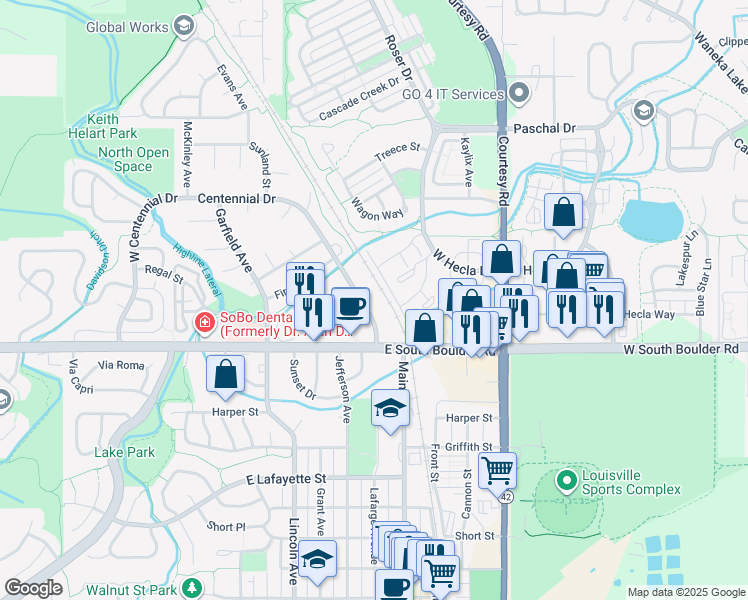 map of restaurants, bars, coffee shops, grocery stores, and more near 1818 Centennial Drive in Louisville