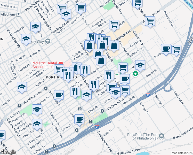 map of restaurants, bars, coffee shops, grocery stores, and more near 3360 Belgrade Street in Philadelphia