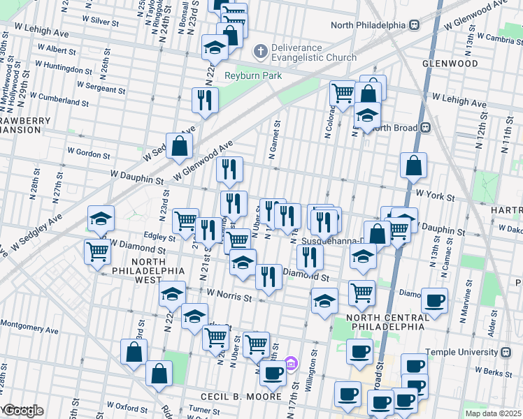 map of restaurants, bars, coffee shops, grocery stores, and more near 2249 North Uber Street in Philadelphia