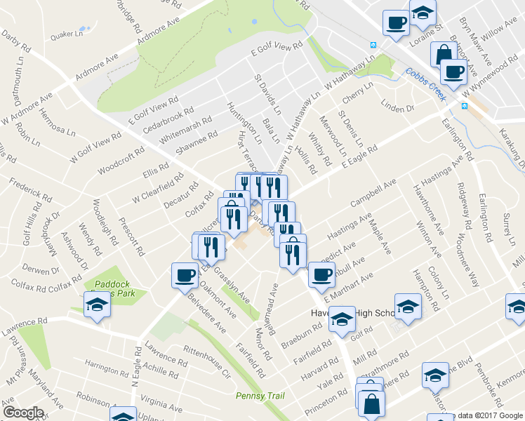 map of restaurants, bars, coffee shops, grocery stores, and more near 18 East Eagle Road in Havertown