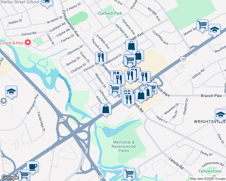 map of restaurants, bars, coffee shops, grocery stores, and more near 1831 Jackson Street in Cinnaminson