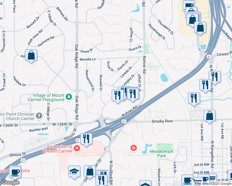map of restaurants, bars, coffee shops, grocery stores, and more near 13707 Eglin Drive in Carmel