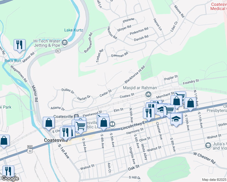 map of restaurants, bars, coffee shops, grocery stores, and more near 520 Cedar Street in Coatesville