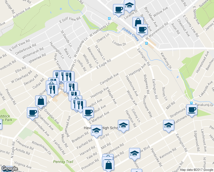 map of restaurants, bars, coffee shops, grocery stores, and more near 200 Hastings Avenue in Havertown