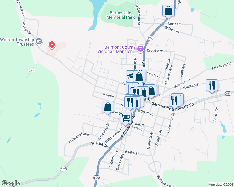 map of restaurants, bars, coffee shops, grocery stores, and more near 299 W Main St in Barnesville
