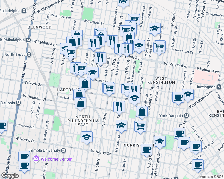 map of restaurants, bars, coffee shops, grocery stores, and more near 2428 North Fairhill Street in Philadelphia