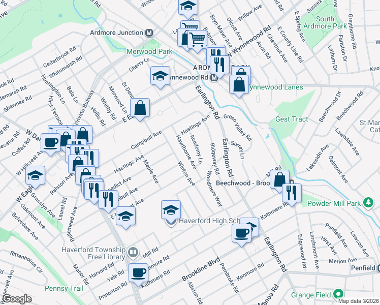 map of restaurants, bars, coffee shops, grocery stores, and more near 1727 Hawthorne Avenue in Havertown