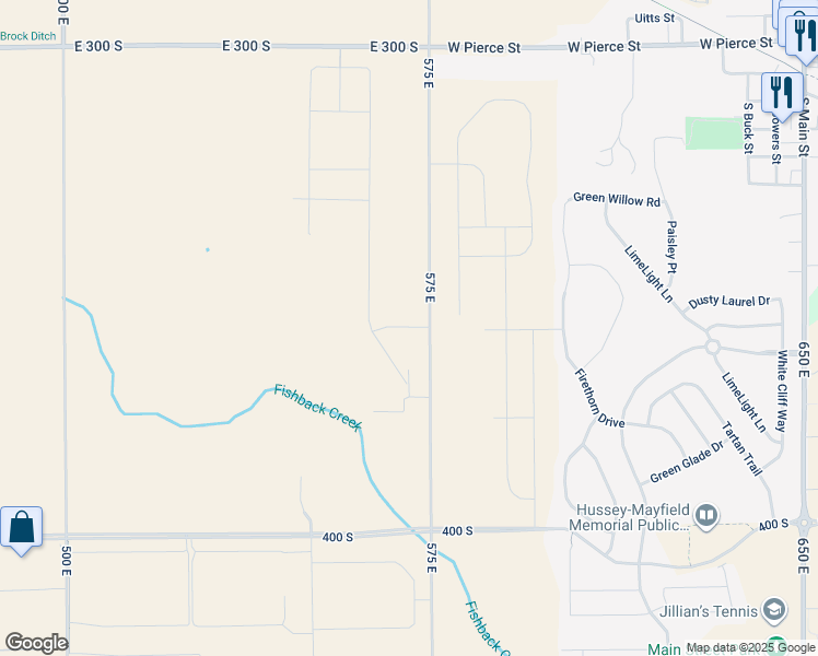 map of restaurants, bars, coffee shops, grocery stores, and more near 575 East in Whitestown