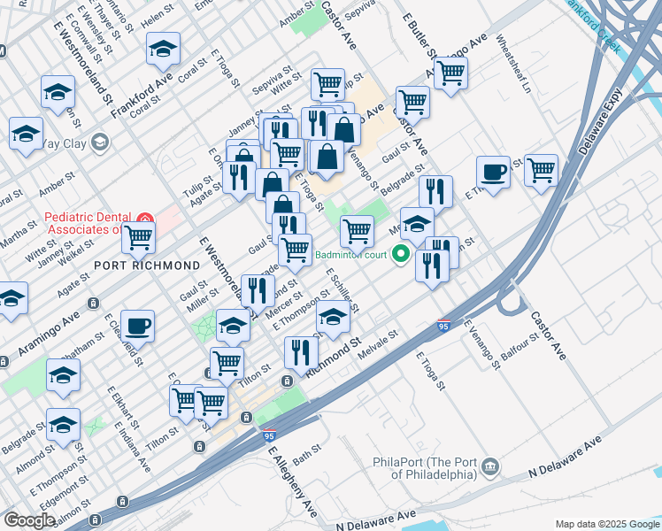 map of restaurants, bars, coffee shops, grocery stores, and more near 2611 East Schiller Street in Philadelphia
