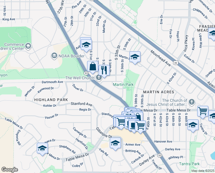 map of restaurants, bars, coffee shops, grocery stores, and more near 424 South Lashley Lane in Boulder