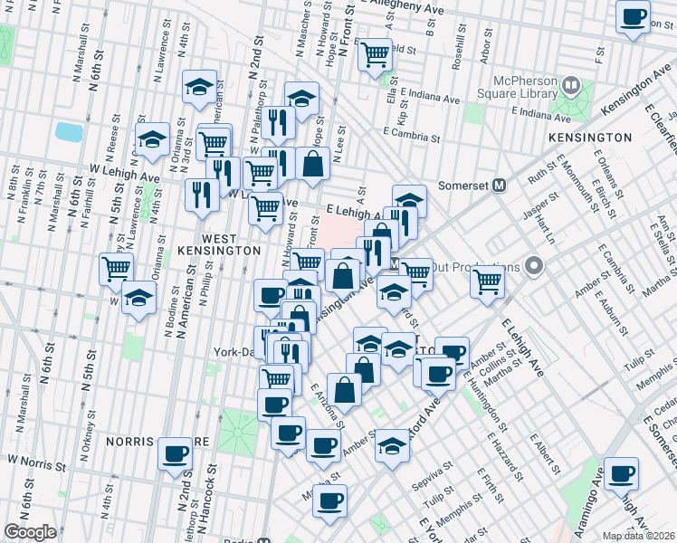 map of restaurants, bars, coffee shops, grocery stores, and more near 2535 North Lee Street in Philadelphia