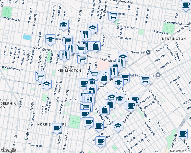 map of restaurants, bars, coffee shops, grocery stores, and more near 2531 North Front Street in Philadelphia