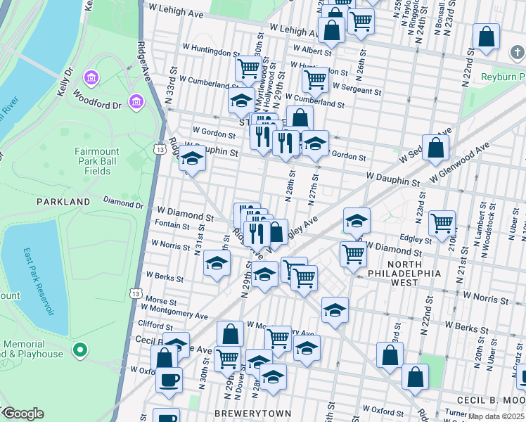 map of restaurants, bars, coffee shops, grocery stores, and more near 2131 North 29th Street in Philadelphia