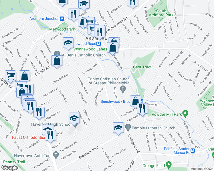 map of restaurants, bars, coffee shops, grocery stores, and more near 1637 Earlington Road in Havertown