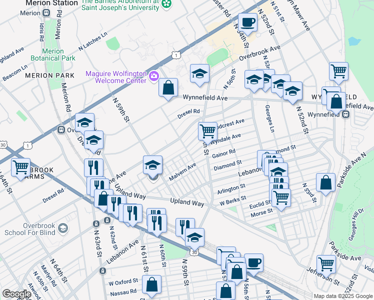 map of restaurants, bars, coffee shops, grocery stores, and more near Woodcrest Avenue in Philadelphia