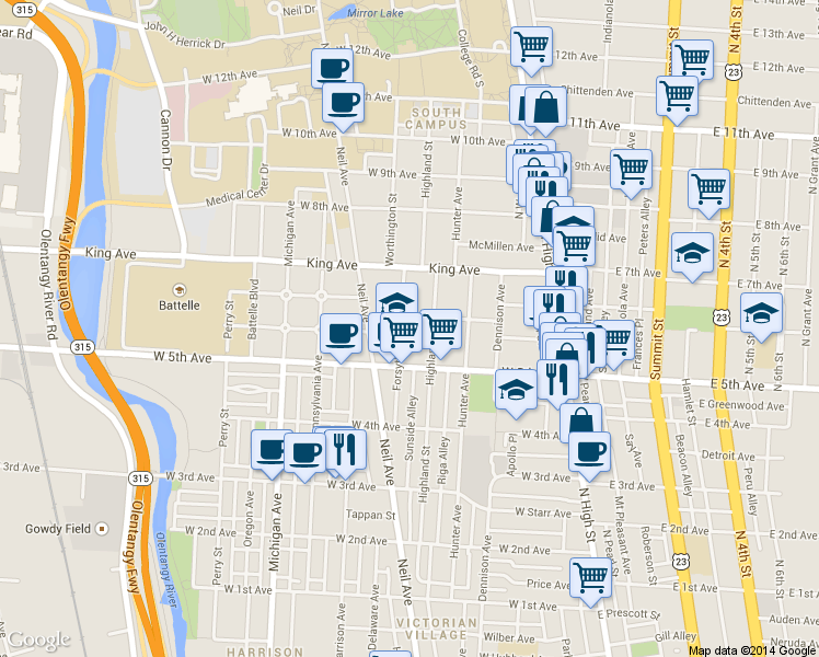 map of restaurants, bars, coffee shops, grocery stores, and more near 1318 Forsythe Avenue in Columbus
