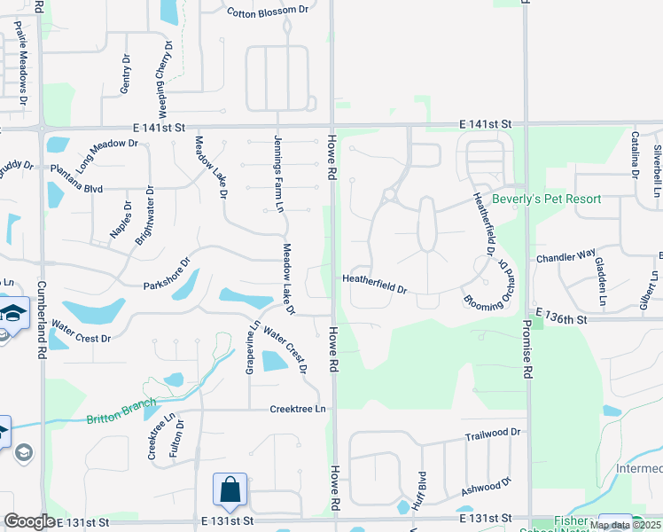 map of restaurants, bars, coffee shops, grocery stores, and more near 13723 Howe Road in Fishers