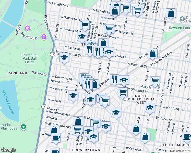map of restaurants, bars, coffee shops, grocery stores, and more near 2139 North Newkirk Street in Philadelphia