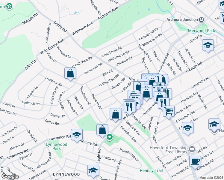 map of restaurants, bars, coffee shops, grocery stores, and more near 61 Decatur Road in Havertown