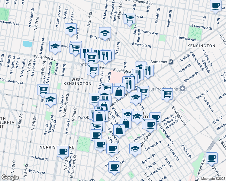 map of restaurants, bars, coffee shops, grocery stores, and more near 2537 North Lee Street in Philadelphia