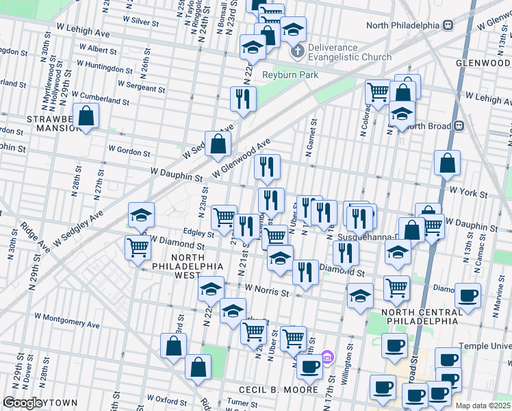 map of restaurants, bars, coffee shops, grocery stores, and more near 2233 North 21st Street in Philadelphia