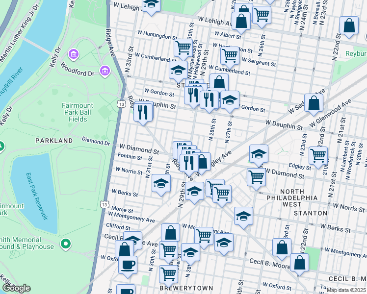 map of restaurants, bars, coffee shops, grocery stores, and more near 2918 Westmont Street in Philadelphia