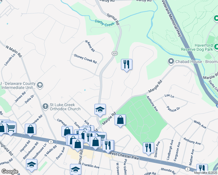 map of restaurants, bars, coffee shops, grocery stores, and more near 230 Arden Road in Broomall