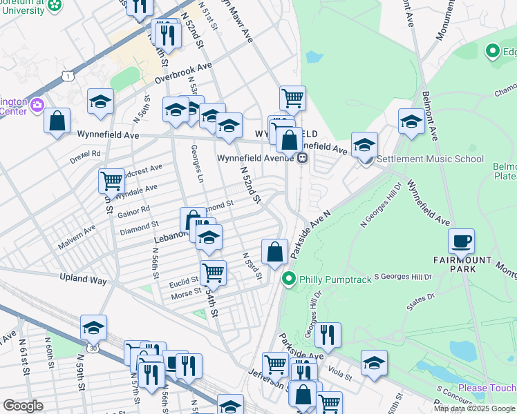 map of restaurants, bars, coffee shops, grocery stores, and more near 5201 Lebanon Avenue in Philadelphia