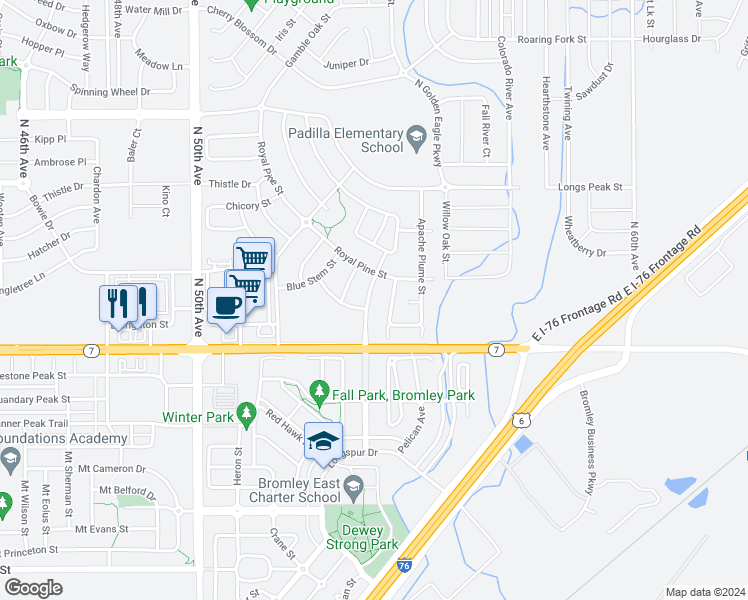 map of restaurants, bars, coffee shops, grocery stores, and more near 119 North Prairie Falcon Parkway in Brighton