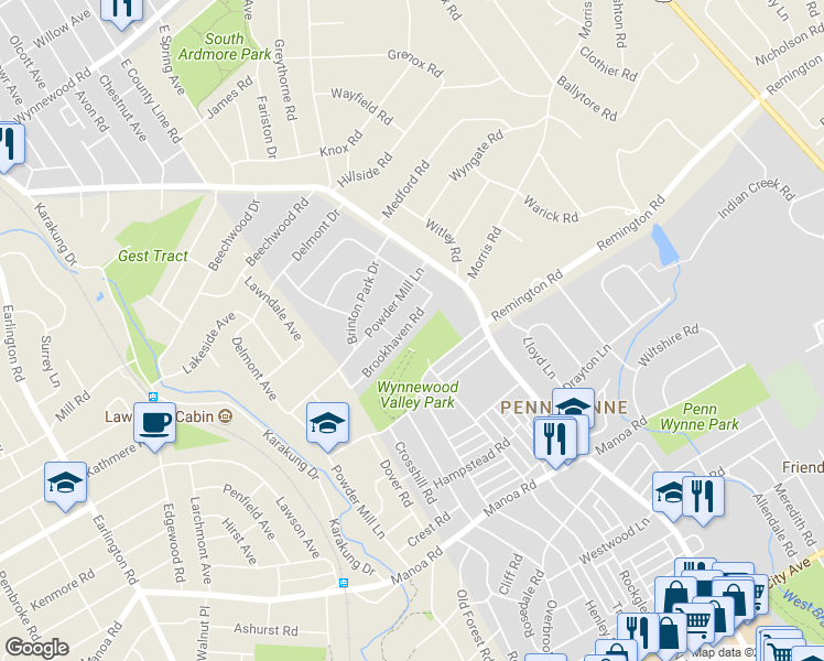 map of restaurants, bars, coffee shops, grocery stores, and more near 1528 Brookhaven Road in Wynnewood