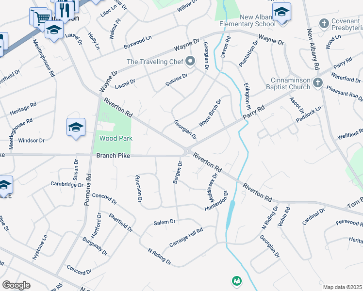 map of restaurants, bars, coffee shops, grocery stores, and more near 2410 Riverton Road in Cinnaminson