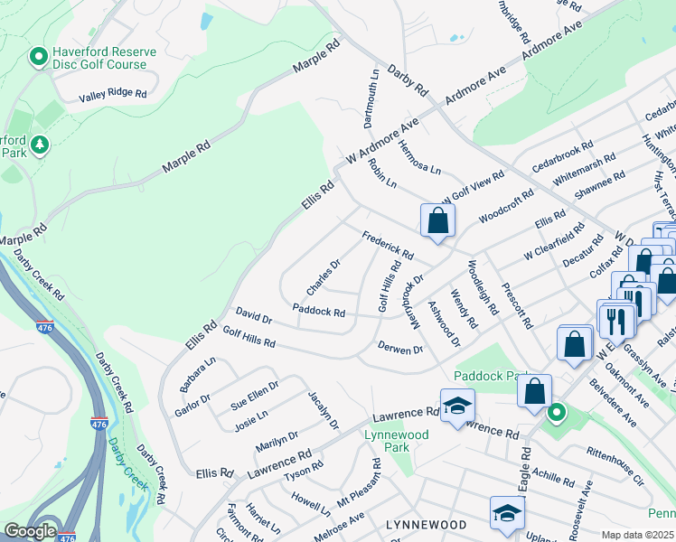 map of restaurants, bars, coffee shops, grocery stores, and more near 135 Charles Drive in Havertown