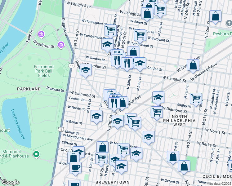 map of restaurants, bars, coffee shops, grocery stores, and more near 2131 North 29th Street in Philadelphia
