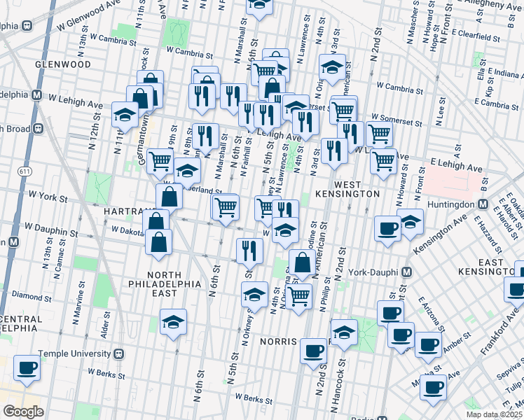 map of restaurants, bars, coffee shops, grocery stores, and more near 2427 North 5th Street in Philadelphia