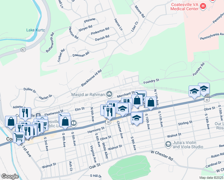 map of restaurants, bars, coffee shops, grocery stores, and more near 758 Coates Street in Coatesville