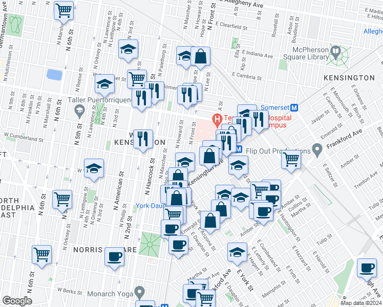 map of restaurants, bars, coffee shops, grocery stores, and more near 2531 North Front Street in Philadelphia