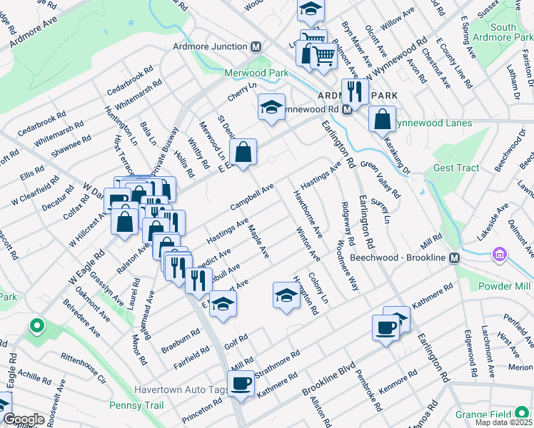 map of restaurants, bars, coffee shops, grocery stores, and more near 225 Hastings Avenue in Havertown