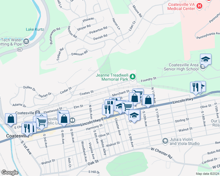 map of restaurants, bars, coffee shops, grocery stores, and more near 758 Coates Street in Coatesville