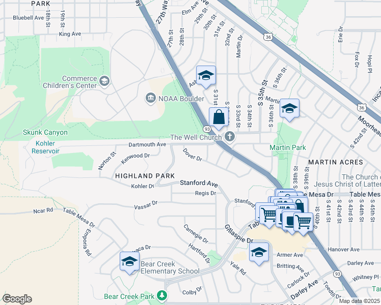 map of restaurants, bars, coffee shops, grocery stores, and more near 2855 Dover Drive in Boulder