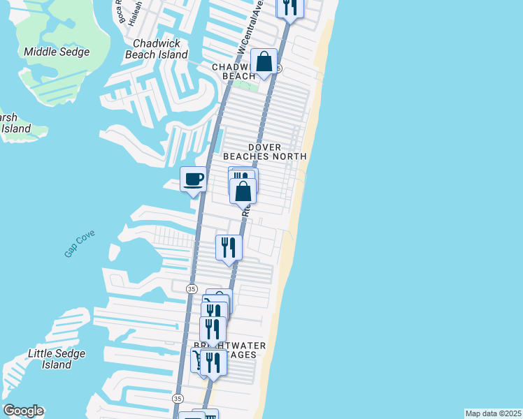 map of restaurants, bars, coffee shops, grocery stores, and more near 32 E Tuna Way in Lavallette
