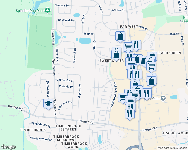 map of restaurants, bars, coffee shops, grocery stores, and more near 1853 Ridgebury Drive in Columbus