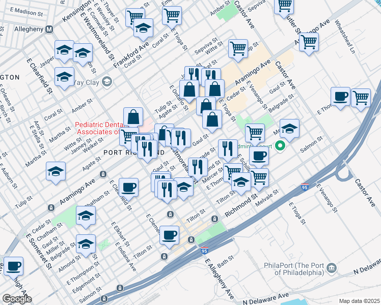 map of restaurants, bars, coffee shops, grocery stores, and more near 3313 Gaul Street in Philadelphia