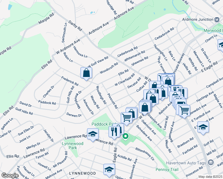 map of restaurants, bars, coffee shops, grocery stores, and more near 122 Decatur Road in Havertown
