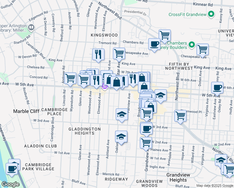 map of restaurants, bars, coffee shops, grocery stores, and more near 1529 North Star Avenue in Columbus