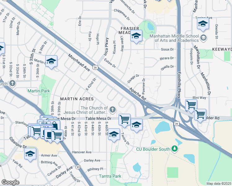 map of restaurants, bars, coffee shops, grocery stores, and more near 4493 Hamilton Court in Boulder