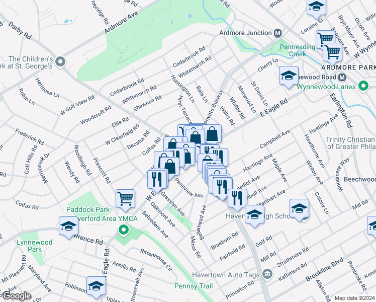 map of restaurants, bars, coffee shops, grocery stores, and more near 2411 West Darby Road in Havertown